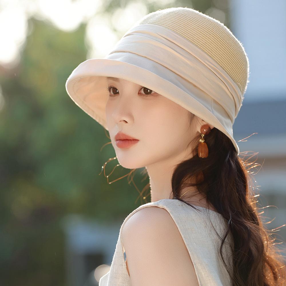 Elegant Straw Splicing Sunshade Bucket Hat Women Travel Beach Straw Hat Outdoor Sun Hat