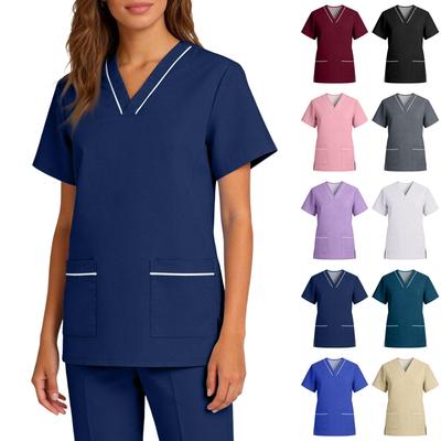 Women Stretch V Neck Short Sleeve Workwear Top with Pockets Quick Dry Fabric for Healthcare Hospitality Uniforms