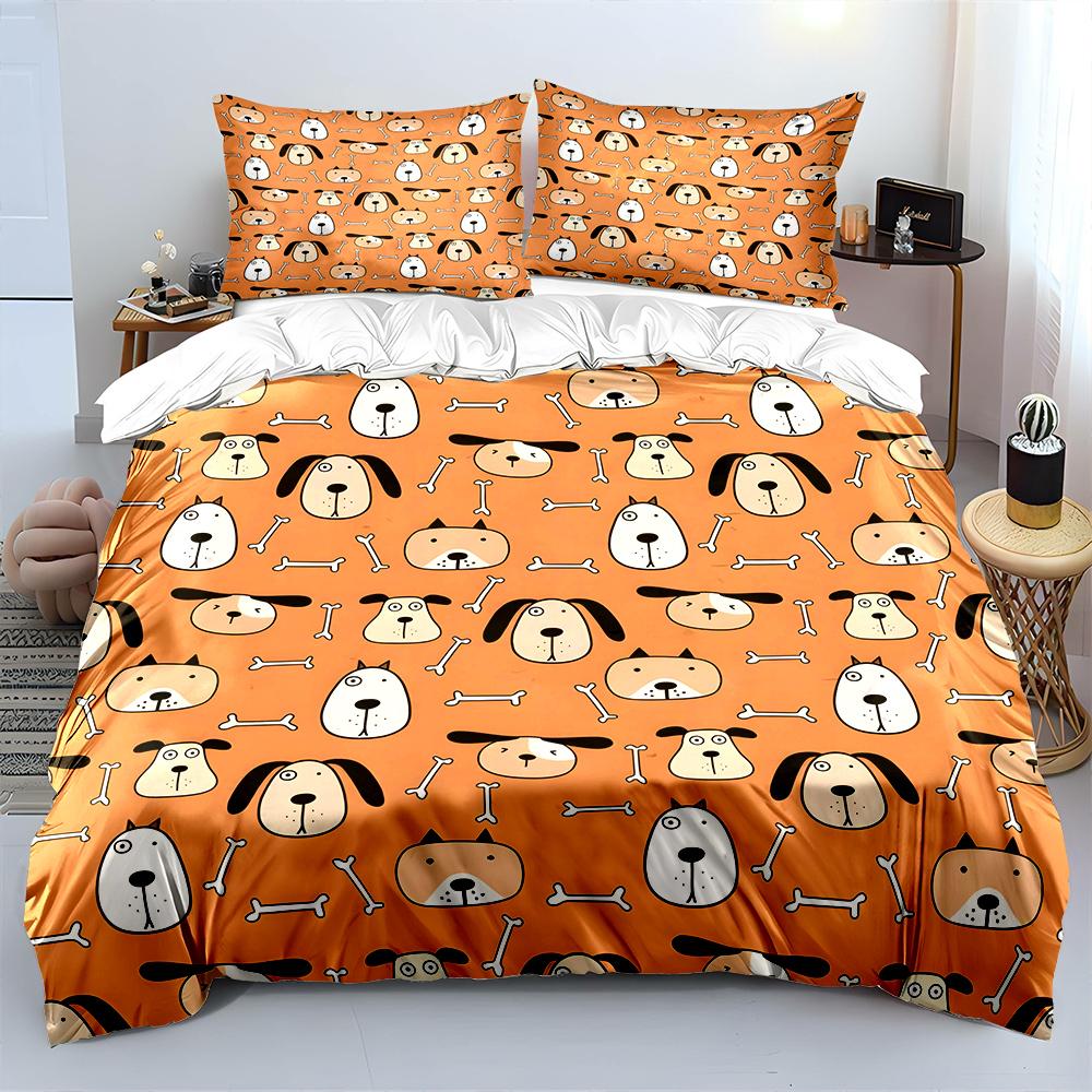 Cartoon dog heads bones background Duvet Cover Set Digital Print Colorful Polyester Bedding with Zipper Closur for kids gifts