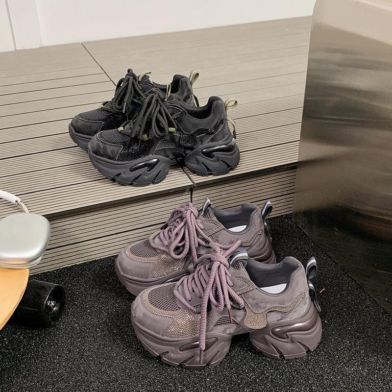 Versatile Rhinestone Dad Shoes for Women 2025 Autumn New Thick-soled Heightened, Breathable, Comfortable and Thin Retro Casual Shoes for Women