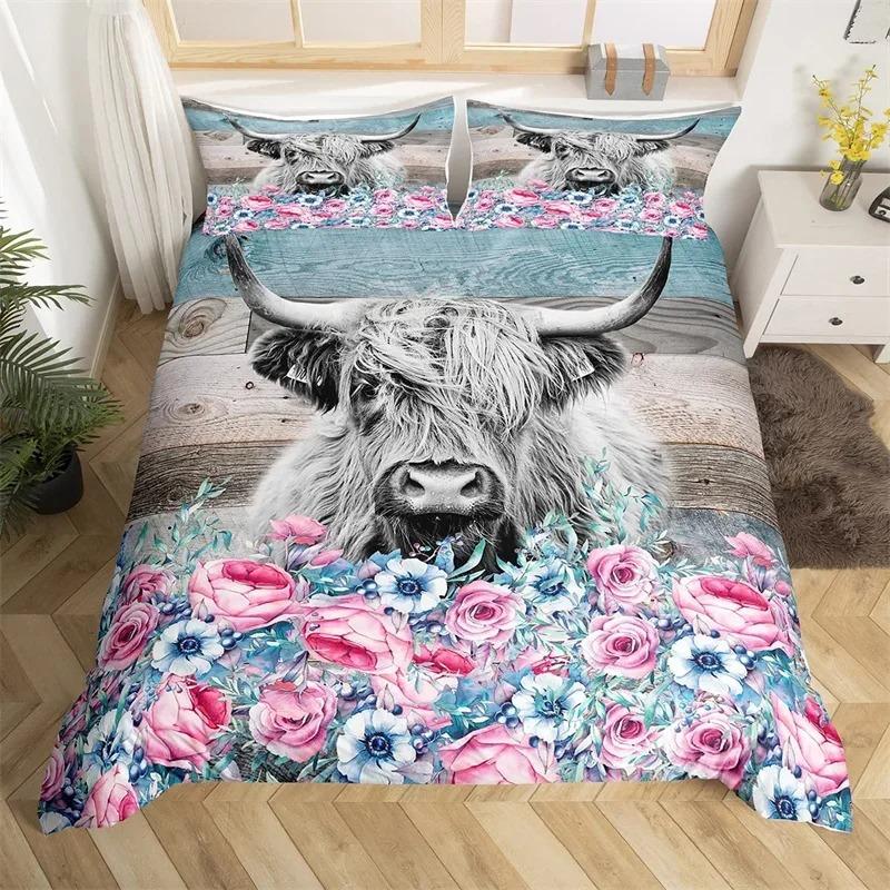 Highland Cow Duvet Cover King Queen Western Farm Animal Comforter Cover Microfiber Bull Cattle Floral Bedding Set For Kids Teen
