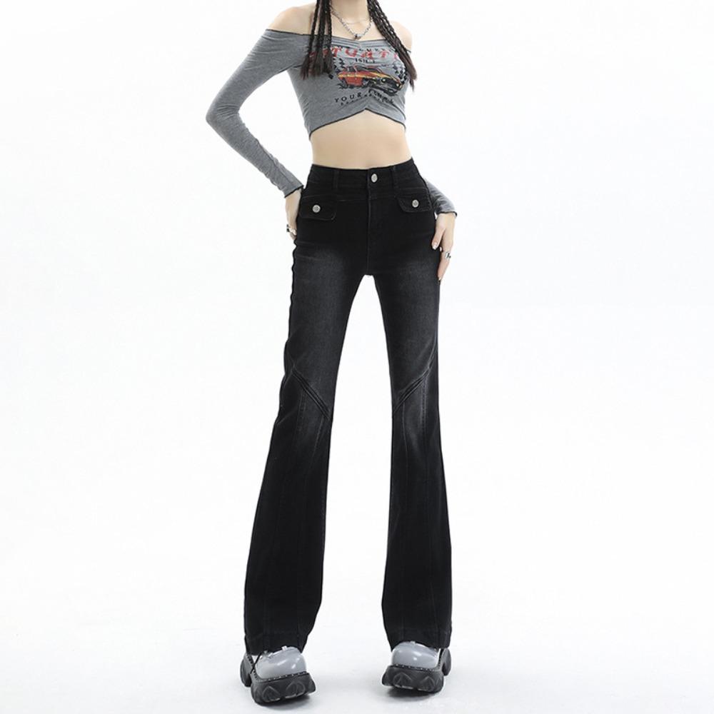 High Street Temperament Slightly Pulled Jeans Women's Spring and Autumn New High-waisted Design Horseshoe Horn Jeans Tide