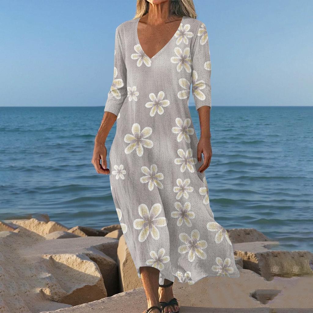 Robes Pour Femmes Tunique Imprimé Vintage Taille Ajustée Robe Midi Été Décontractée Manches 3/4