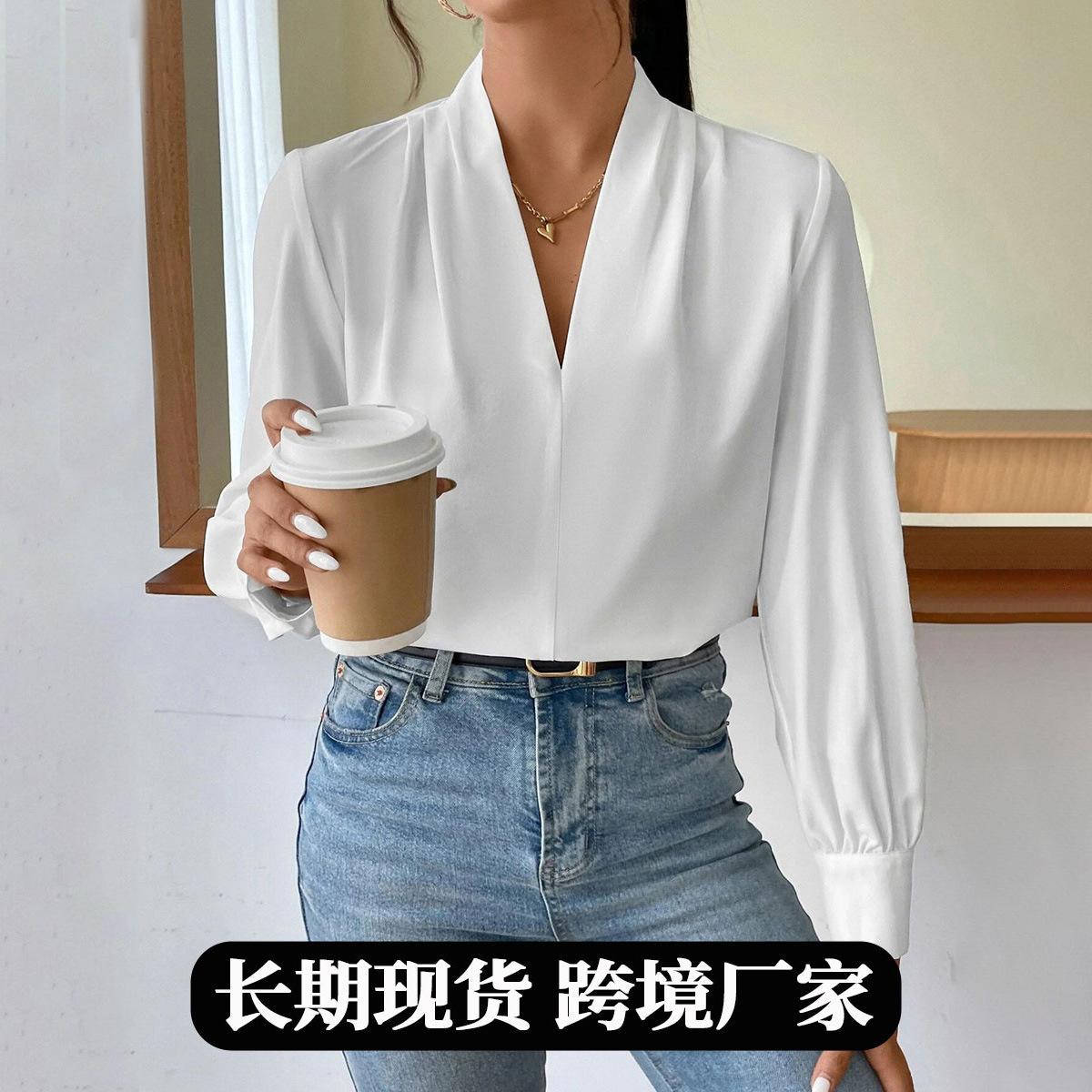 Women Solid V Neck Draped Lantern Long Sleeve Blouse S белый