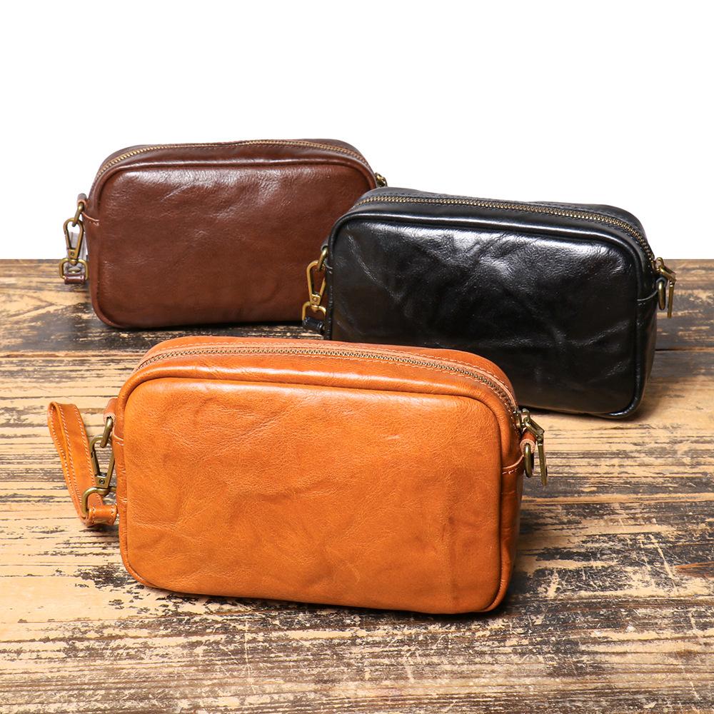 Retro Simple Men'S Bag Vegetable Tanned Leather Shoulder Bag Cowhide Trend Messenger Bag Genuine Leather Women'S Small Square Bag Steamed Bread Bag
