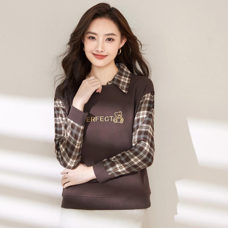 Women's Spring New Fashion Check Fake Two High Grade Loose Long Sleeved Top