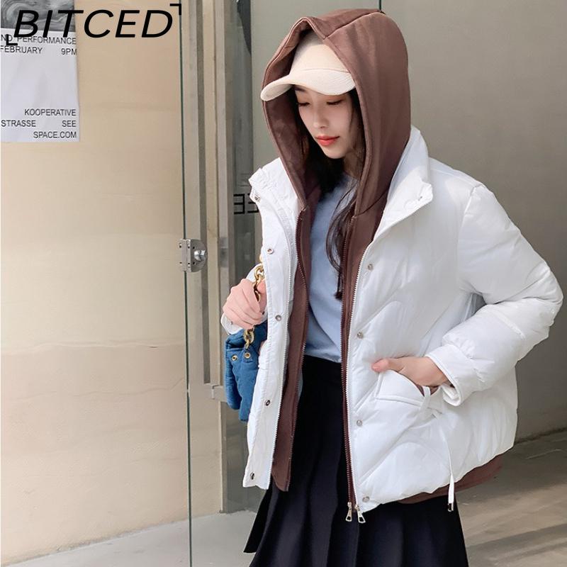 BITCED Winter Cropped Pseudo-Two-Piece Women's Student Cotton Coat Loose-Fit Compact Style Hooded Thickened Cotton Jacket