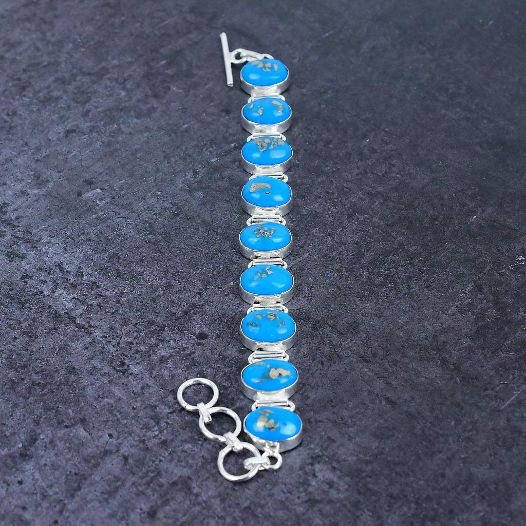 Natural Turquoise Gemstone Handmade 925 Sterling Silver Bracelet 7-8" W8z33