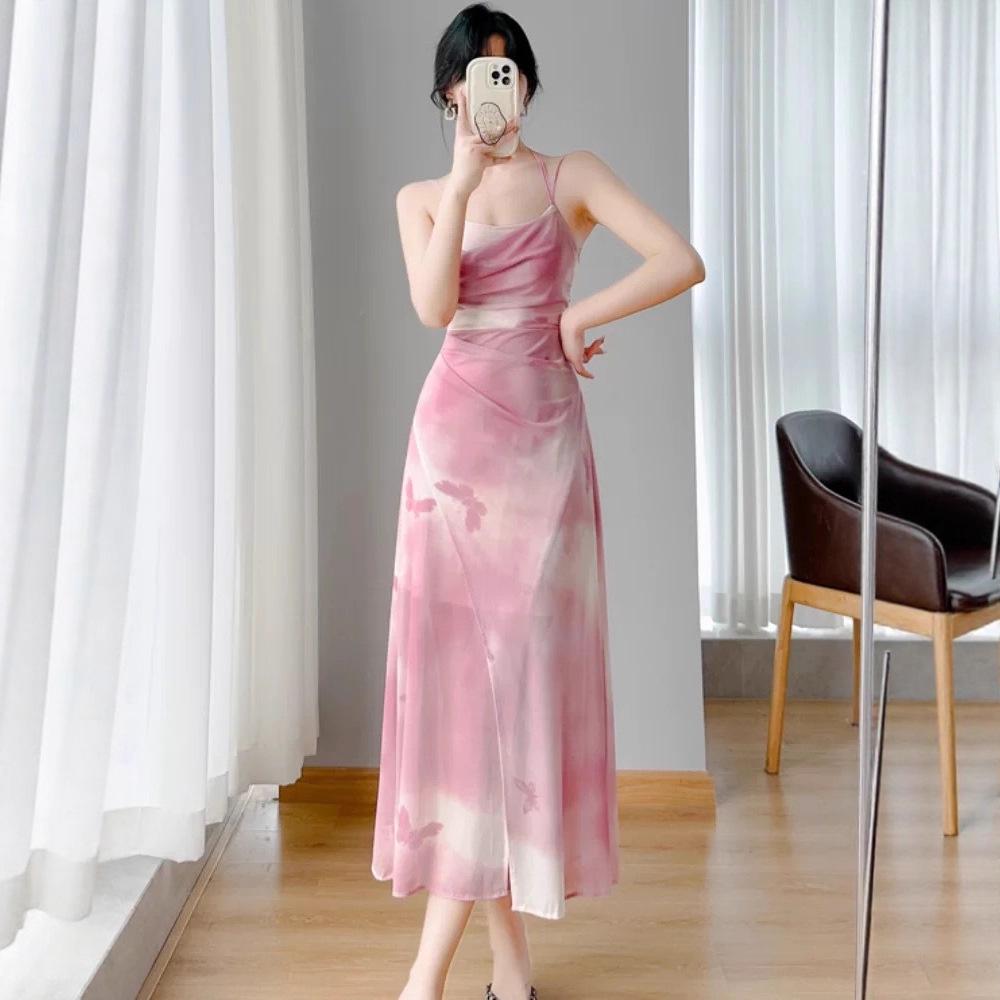 Retro Floral Sleeveless Beach Dress - Slim Fit, Versatile Vacation Style