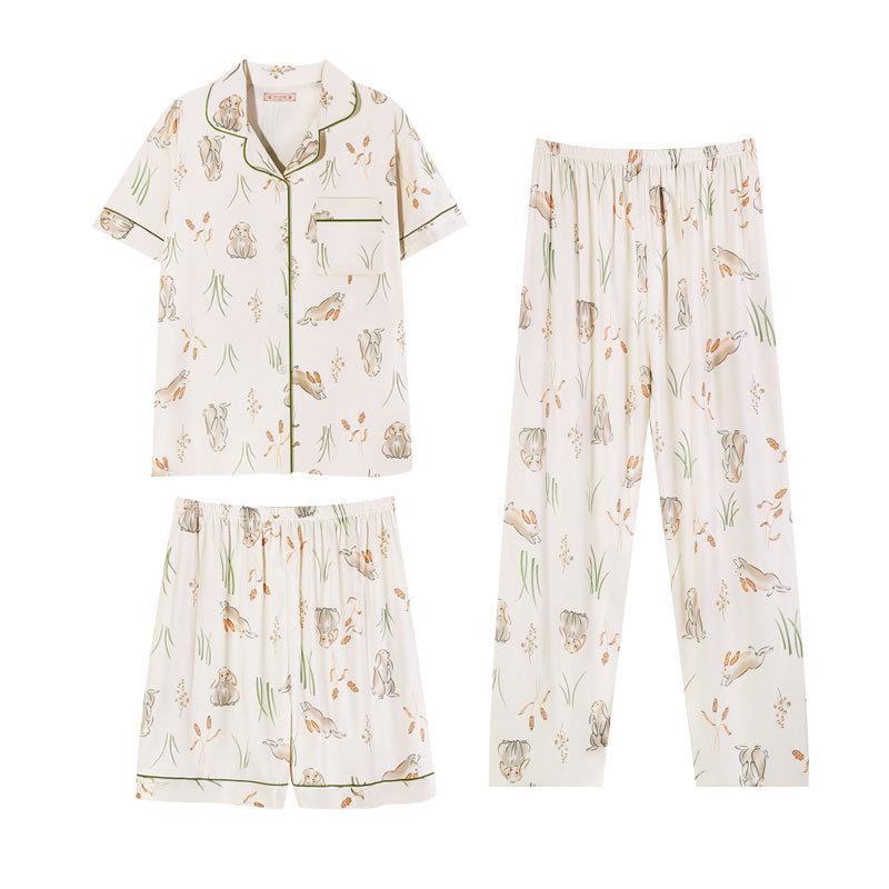 Pastoral Women's Pajama Set: Soft, Cute Rabbit Design, Short-Sleeve, Casual Three-Piece Loungewear.