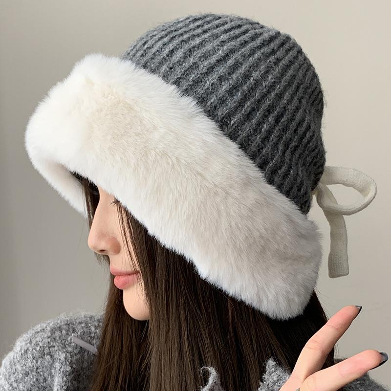 

Зимняя уличная мода Вязаная шапка Милый бант Утолщенная пушистая шапка Новая теплая шапка серый