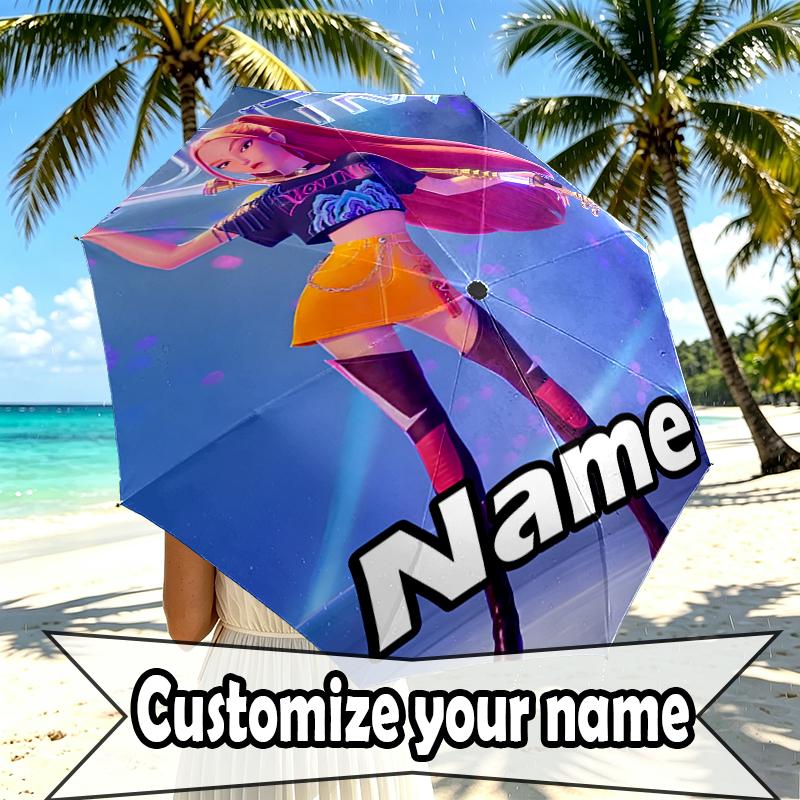 Custom Name Personalized KPop Demon Hunters Print Umbrella, Auto Open Close, 8‑Rib Sturdy Frame, Commute Camping Hiking Use, Birthday Gift