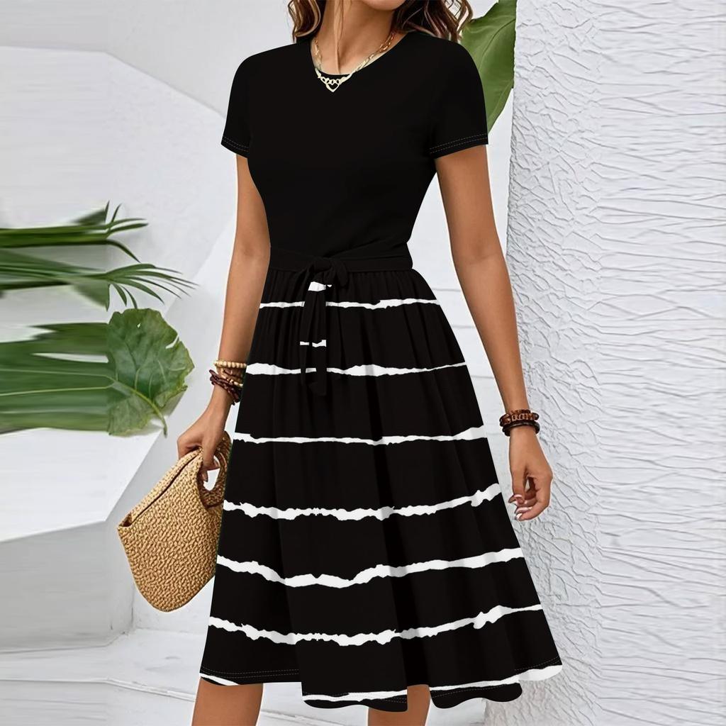 Women's Casual Fashion Belted Striped Printed Short Sleeve Round Neck Elegant Flowing Dress
