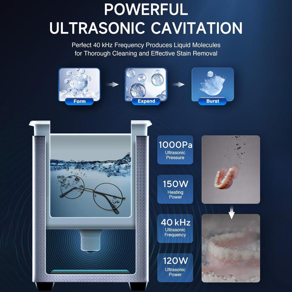 3L/0.8 gal 7 Levels Digital Ultrasonic Cleaner with 100W Heater & Timer, 120W Power, Degas for Jewelry, Glasses, Home Use