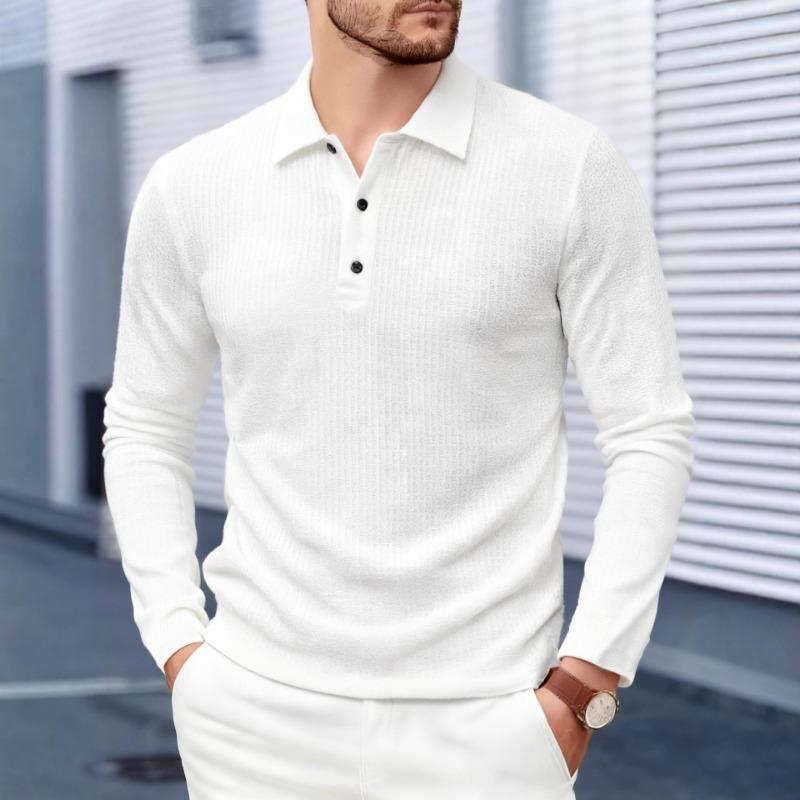 Men Waffle Knit Long Sleeve Polo Shirt Casual Top