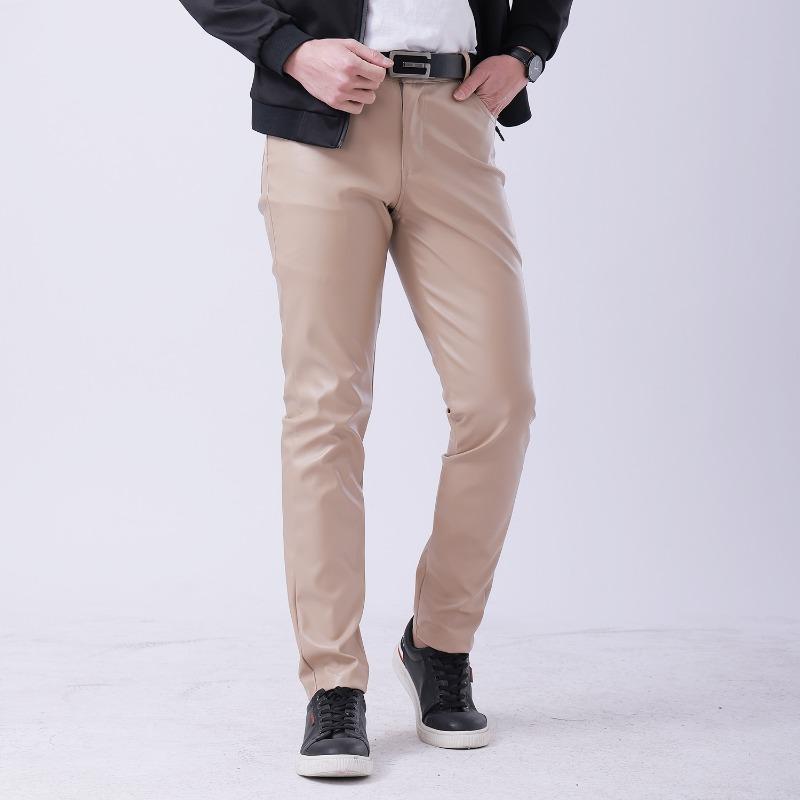 Pantaloni Lunghi Casual da Uomo Elasticizzati Slim Fit Sottili in Vera Pelle PU Monocolore