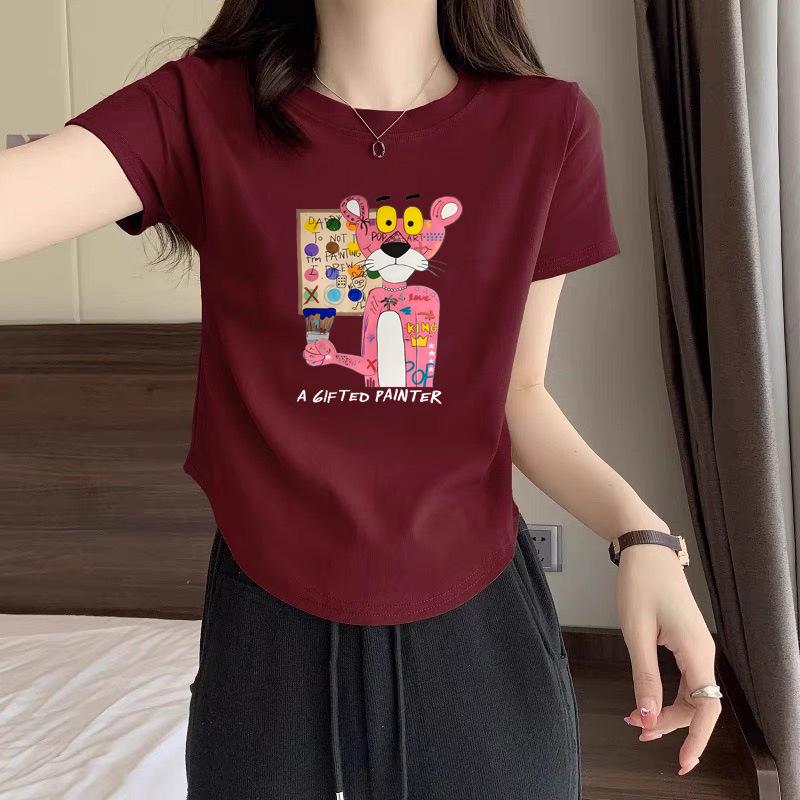 2025 Sommer weiß Baumwolle kurzärmlig Cartoon-Print T-Shirt Damen Saum geschwungen kurzärmlig vielseitiges Unterzieh-Top Damen Trend
