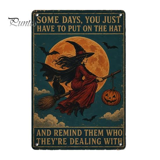 Distressed Metal Signage Retro Halloween Wall Sign, Pumpkin Ghost Bathroom American Style Decor Art Witch Cat Festival Sign for Bar Home Room