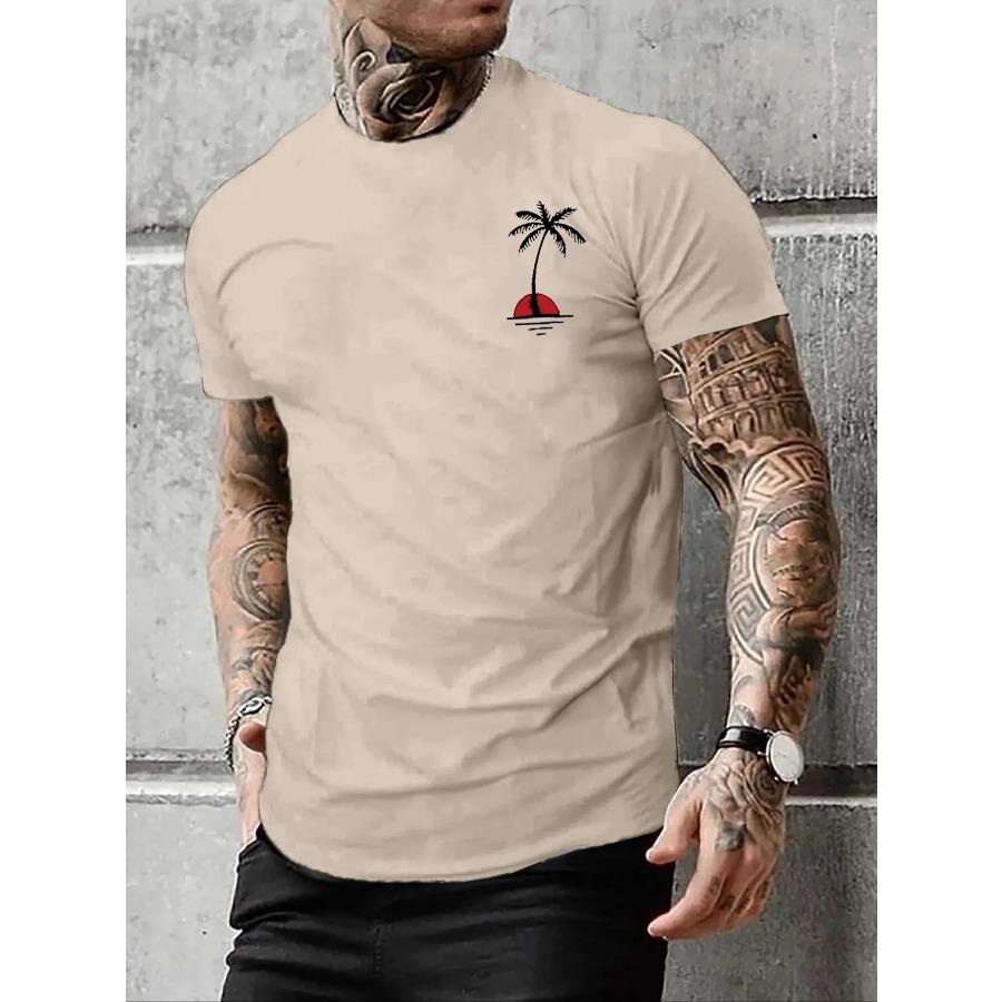 Men's Summer Casual Loose Size 100% Cotton Coconut Trees Print Round Neck Short Sleeve T-shirt Top