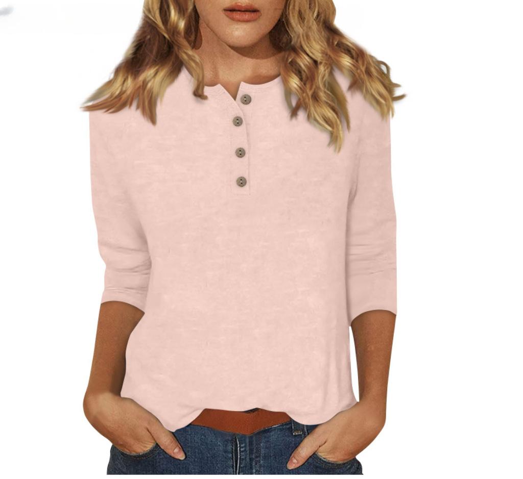 Women's Long Sleeve Round Neck Button Detail Blouse Solid Color Casual Top
