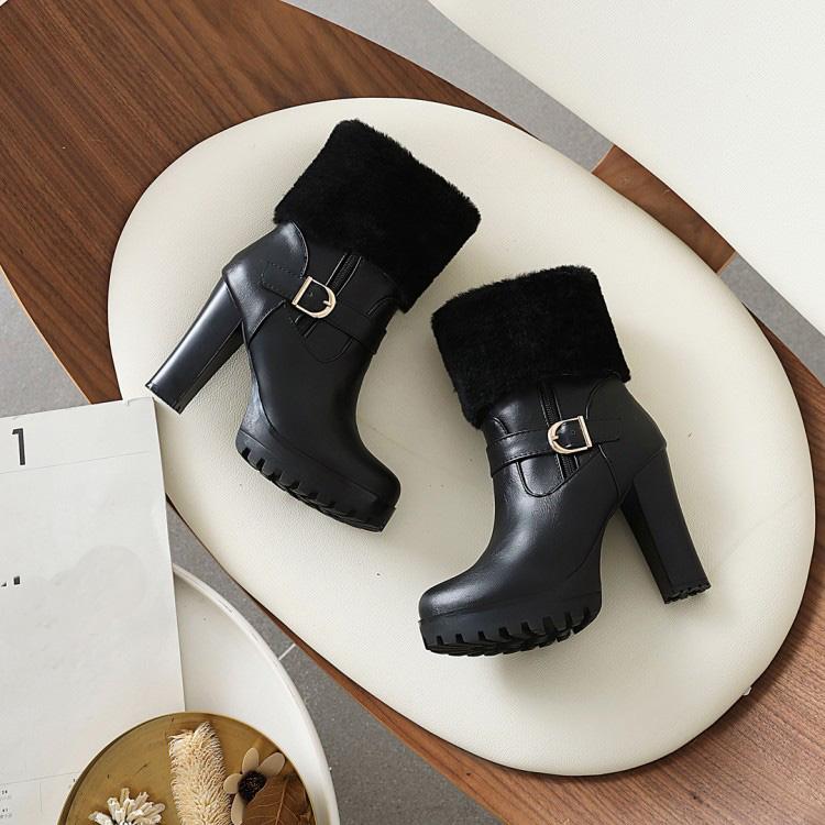 Dámské kotníkové boty na vysokém podpatku podzim a zima nové voděodolné stolkové silný podpatek velká velikost nadýchané kotníkové boty