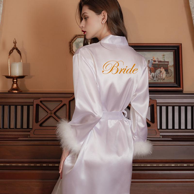 Bridal Feathered Satin Kimono Robe for Bridesmaids and Morning Prep