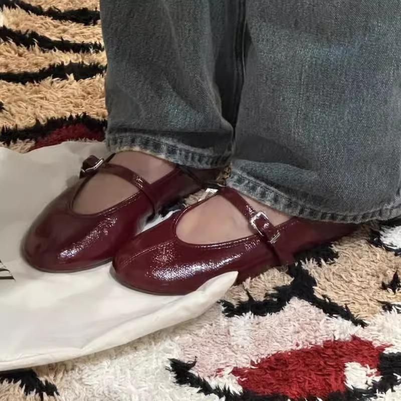 Sheepskin Version~ Za Mary Jane Shoes Women's Leather One-word Buckle with Shallow Mouth Single Shoes Flat-bottomed Versatile Small Red Shoes Work