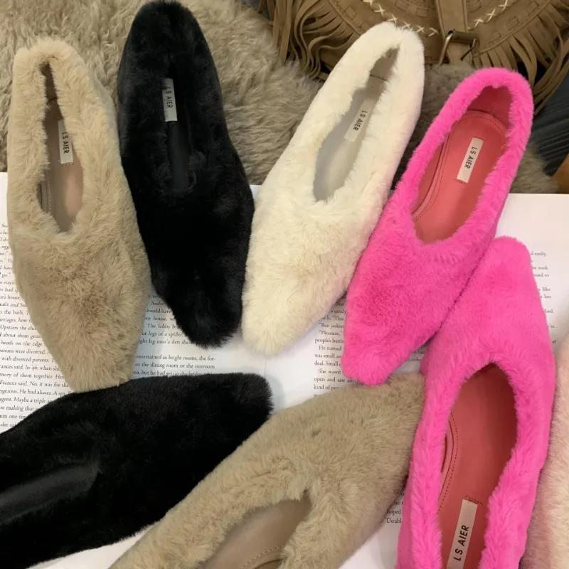 Pointed Toe Fur Ballet Flat Woman Shoes Winter Warm Plush Shallow Loafer Ladies Concise Furry Heeled Dress Shoes  Mujer