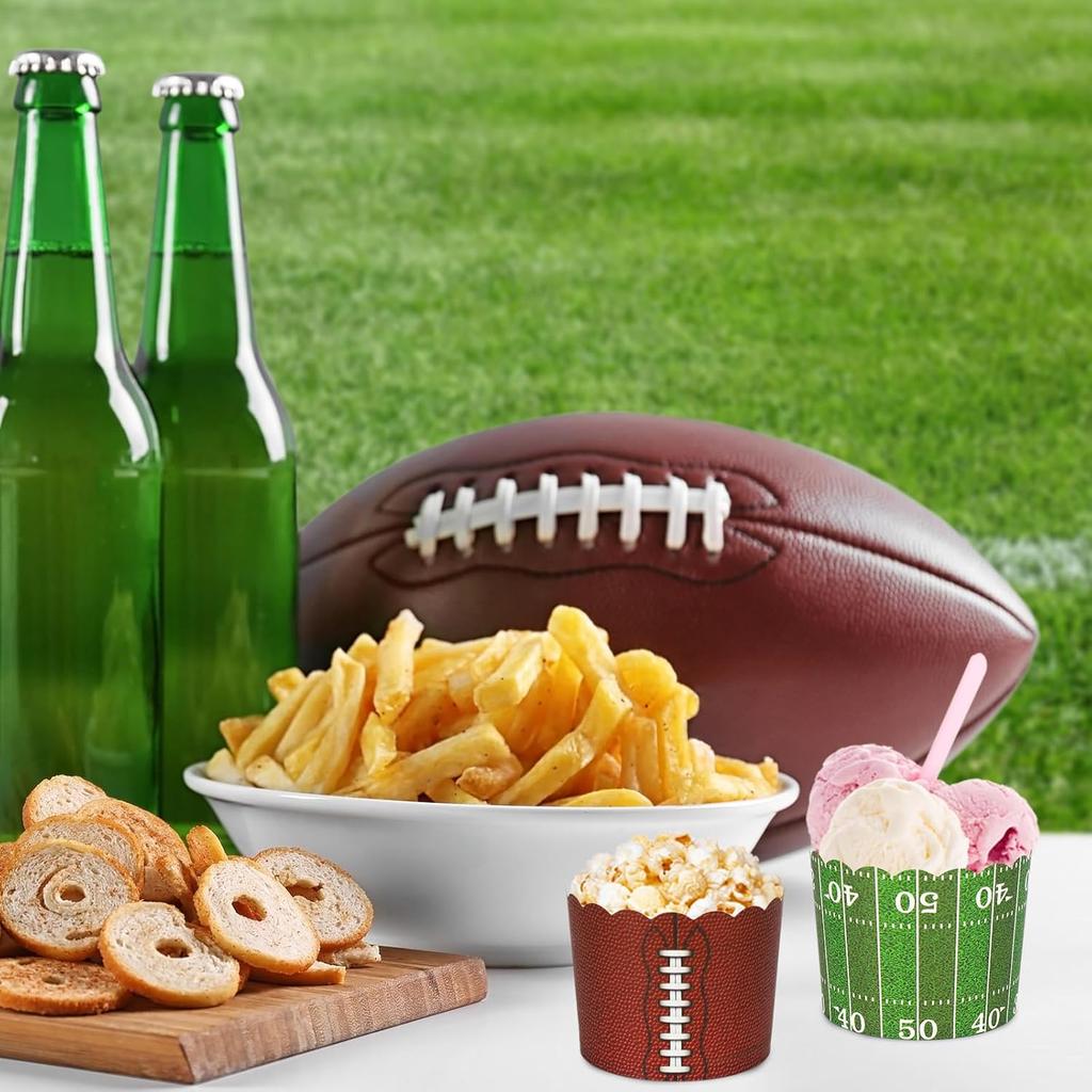 100Pcs Football Paper Baking Cups Brown Green Football Field Cupcake Wrappers Scalloped Edge Cupcake Muffin Cases for Sport Superbowl Party Supplies