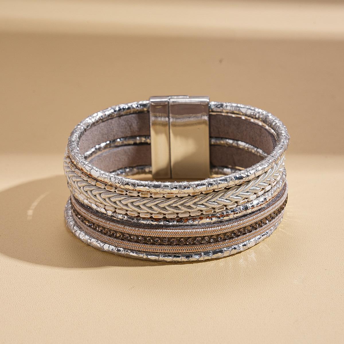 Кожаный Алмазный Геометрический Многослойный Магнитный Браслет Этнический Ретро Богемный Нишевые Украшения