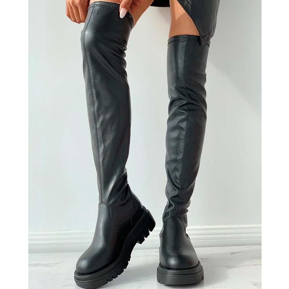 Damen Plateau Oberschenkelhohe Stiefel Mode Schlanke Klobige Absätze Overknee Stiefel Damen Partyschuhe Frau