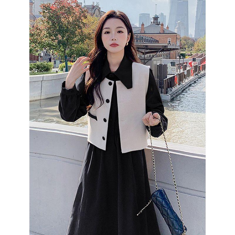 French-Style Long-Sleeve Shirt Dress with Vest Two-Piece Set, Plus-Size for Curvy Women, Tummy-Concealing, Slimming, Age-Reducing Long Dress Set