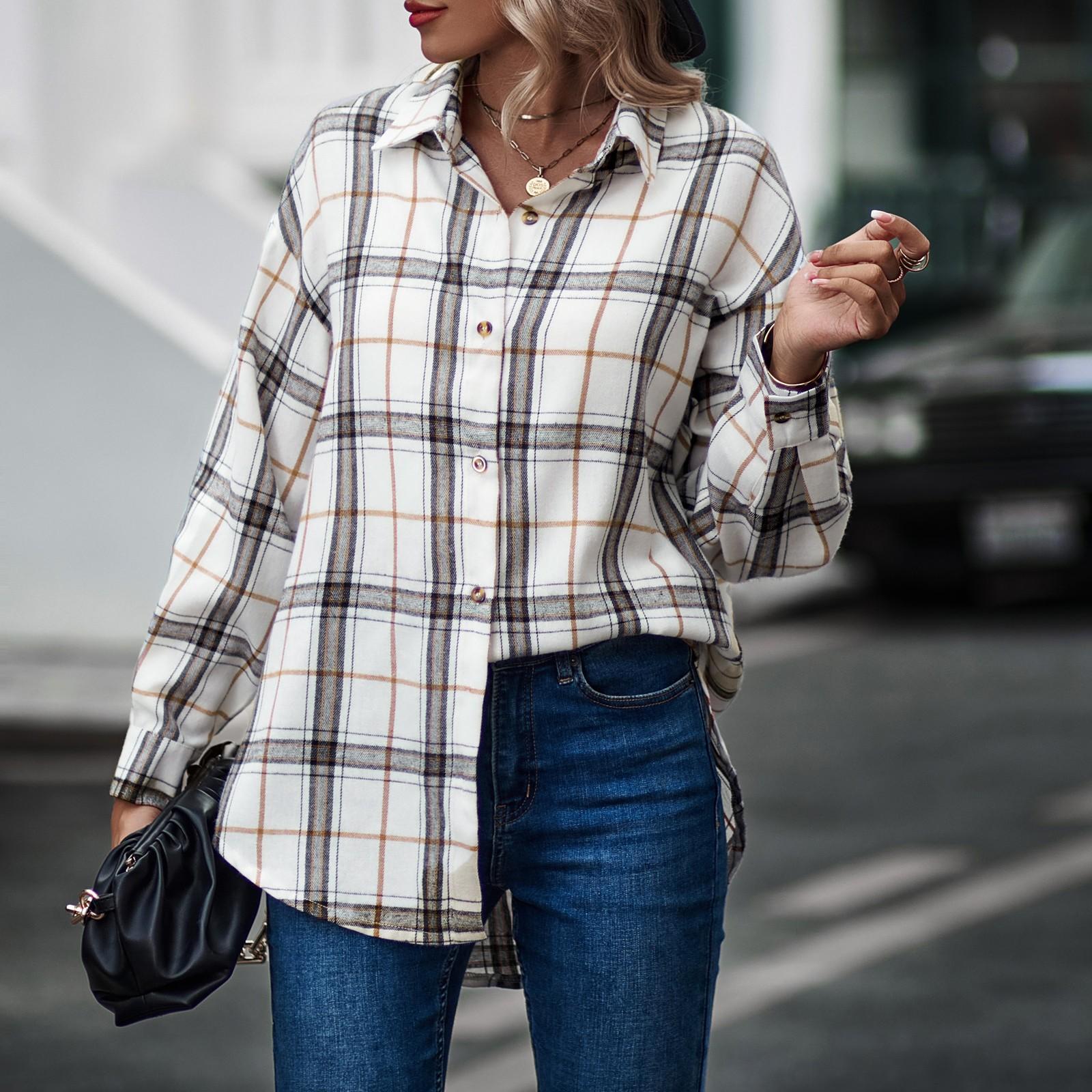 

Fashion Women Collar Neck Long Sleeve Oversized Plaid Casual Tops Shacket Coat L бежевий