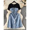 Younger Korean Style Dress French Denim Fake Two-Piece