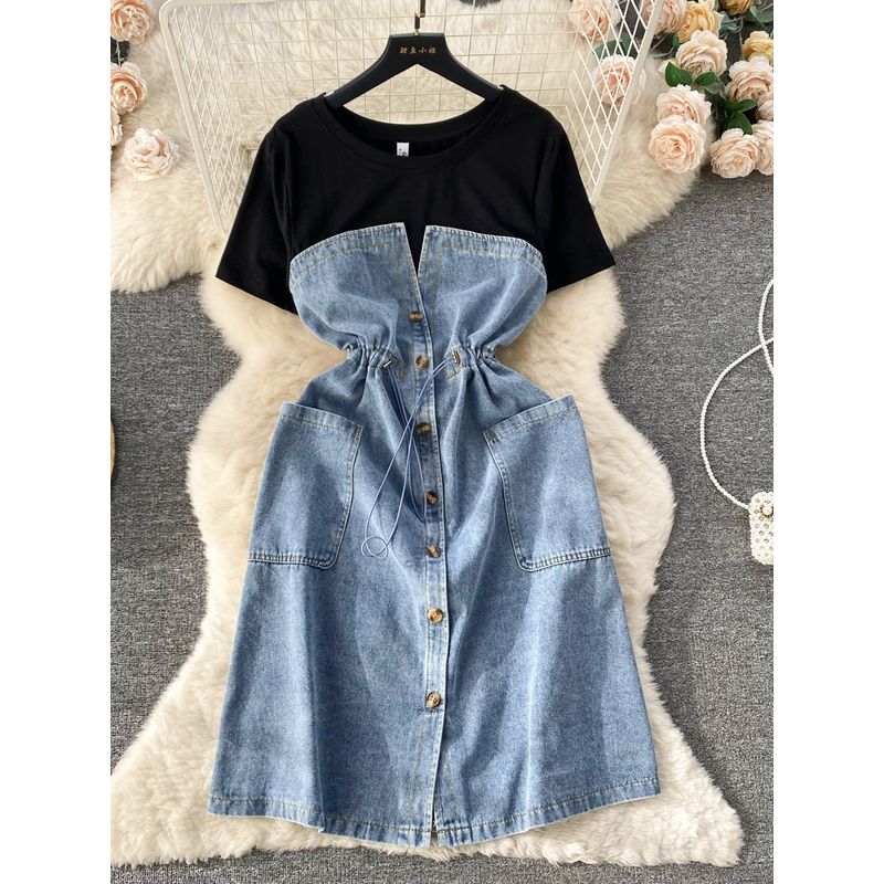 Younger Korean Style Dress French Denim Fake Two-Piece