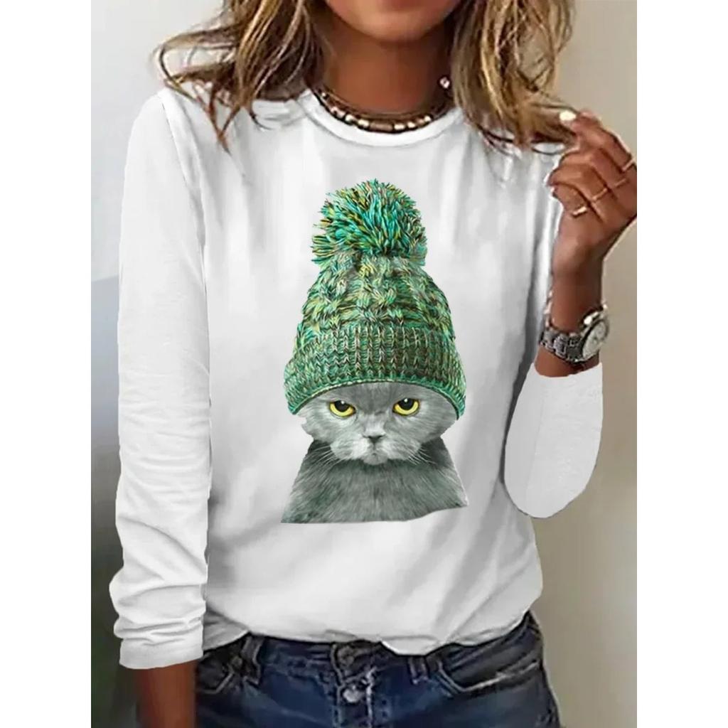 Rundhals 3D-bedrucktes Katzenmuster Top Modische Lässige Langarm Damen T-Shirts