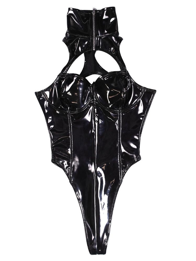 3D Hollow Bust Wet Look Pvc Catsuit High Cut Zipper Open Crotch Bodysuit Tight Hot Sexy Sukumizu Cosplay Body Shirt Clubwear Top