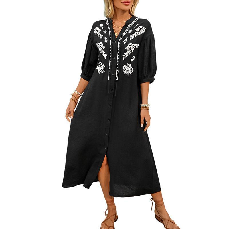2026 Summer European & American Ethnic-Style Loose Embroidered Five-Sleeve Dress