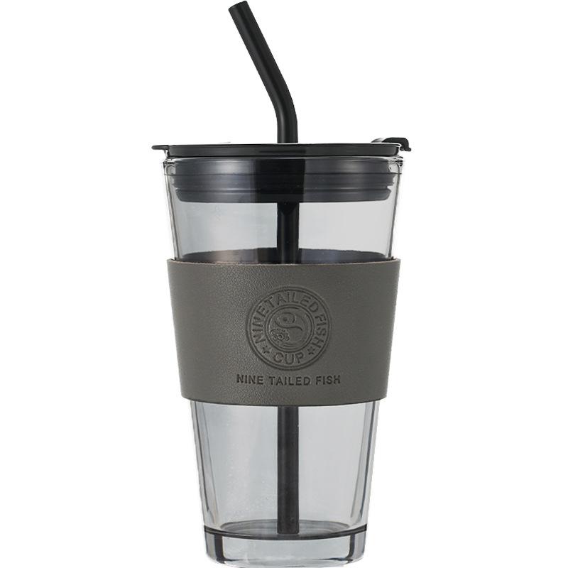 Travel Tumbler Coffee Mug  450ml Glass  Cup With Anti-scald Sleeve and Straw 450ml серый