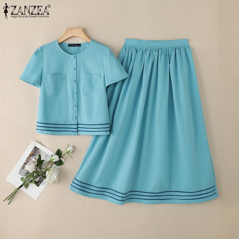 ZANZEA Women Short Sleeve Blouse and A-line Skirts Summer Two Piece Suit Sets