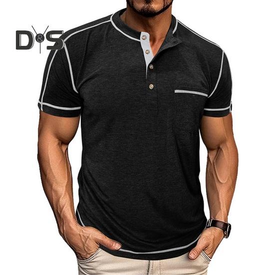 Pánské tričko s náprsní kapsou Kulatý výstřih Límec na knoflíčky Tričko s krátkým rukávem Ležérní letní top pro domov, posilovnu, streetové nošení