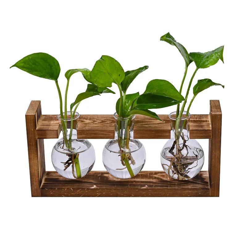Creative Wooden Frame Hydroponic Small Vase Green Ivy Plant Glass Bottle Container Home Living Room Office Desk Decoration YLE53