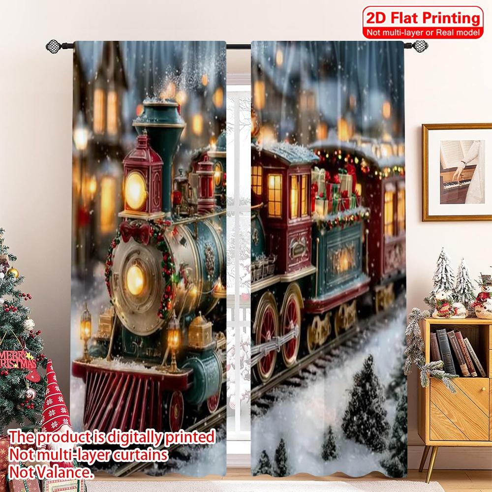 

Set Of 2 Flat Printing Merry Christmas Popular Curtains Train Versatile Polyester Without Electricity Curtain W100*H70(CM)-Grommet top&1PCS