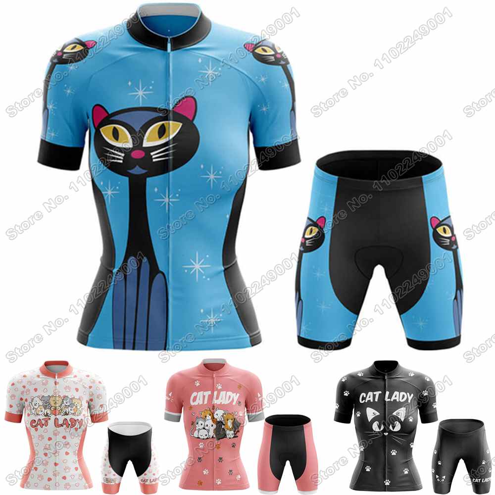 2025 Funny Cat Lady Cycling Jersey Set Women Cute Cycling Clothing Summer Road Bike Shirts Suit Bicycle Pants MTB Maillot