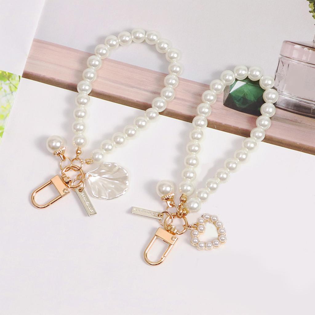 Heart Keychain Phone Chain Pendant Shell Pearl Pendant Charm Decorations Girls Bag Keyring Hanging Ornament Accessories