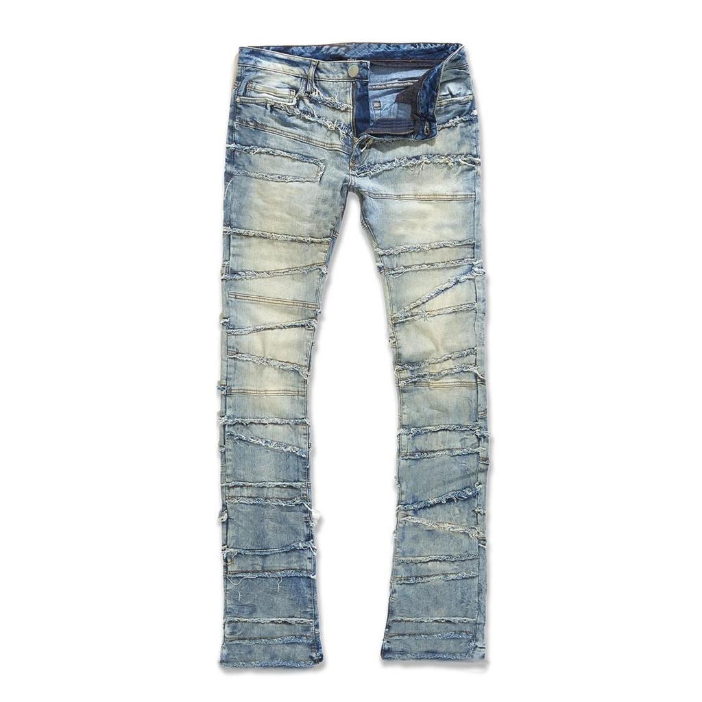 DRIPX New Stacked Jeans Men Patchworks Spliced Denim Ripped Wash Frayed Pants Male's Streetwear Men‘s Tassel Motorcycle Jeans