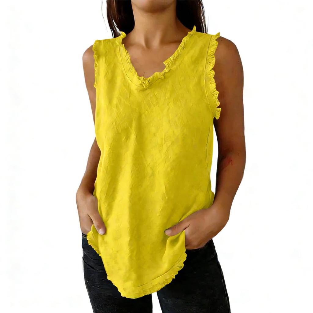 Women's Fashionable Color Round Neck Sleeveless Fringe Patchwork Casual Loose Cotton And Linen Top