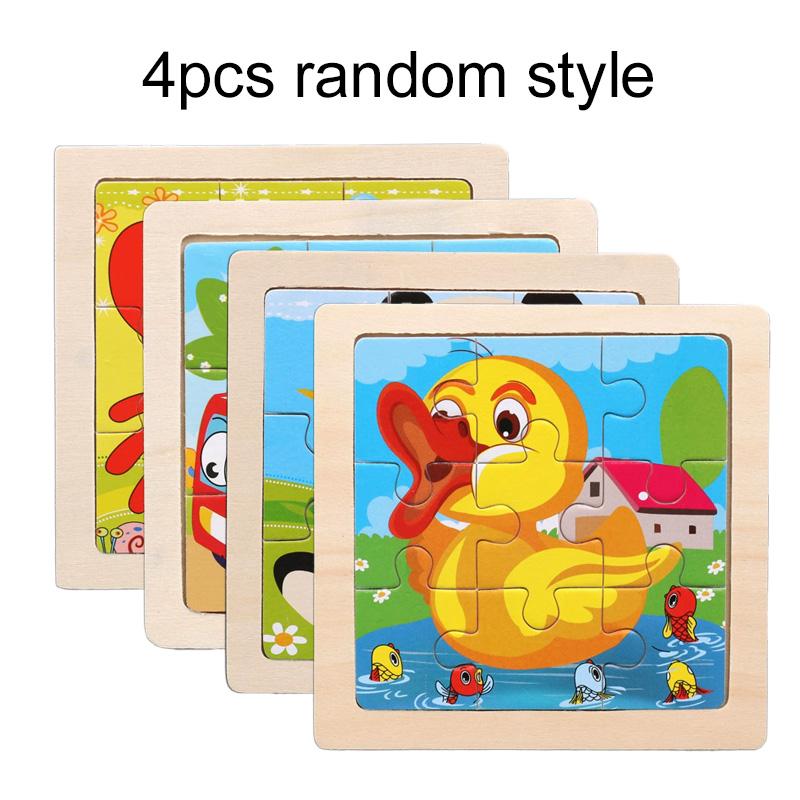 4/8 tk Laste puidust puslemängud 11cm/4.33in Multikoomikilooma Sõidukimuster Laste Montessori haridusmänguasjad TMZ