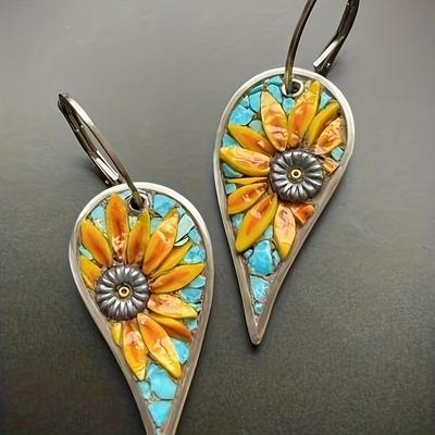 Irregular Droplet Shape Sunflower Pattern Vintage Dangle Earrings Retro Vacation Style Alloy Jewelry Delicate Female Gift