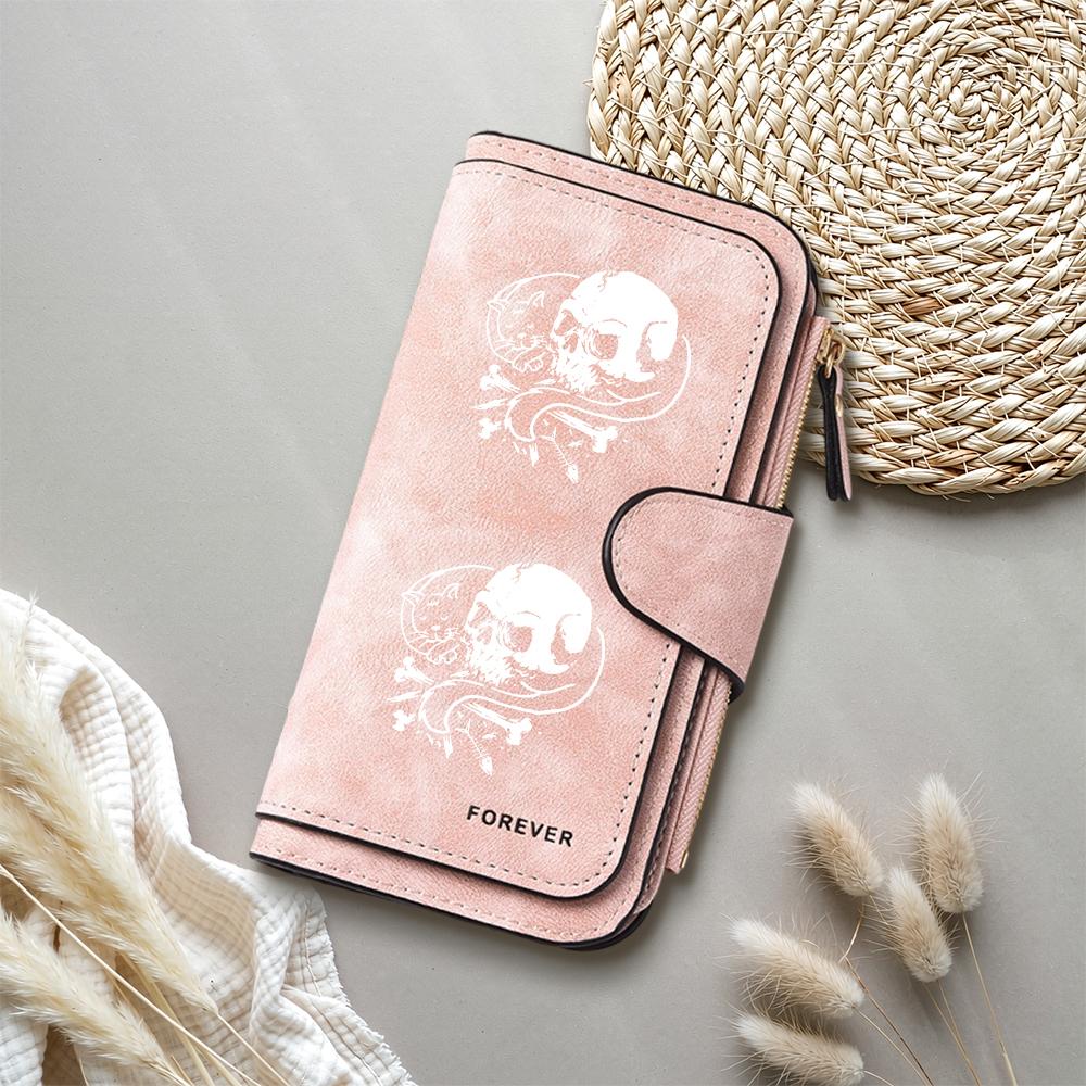 Gothic Skull Cat Print Long Wallet Forever PU Leather Purse Card Holder